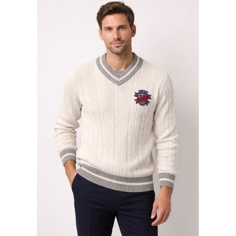 Preppy Mens White Cable Knit V-Neck Varsity Sweater  L Athletic Dept Crest Grey